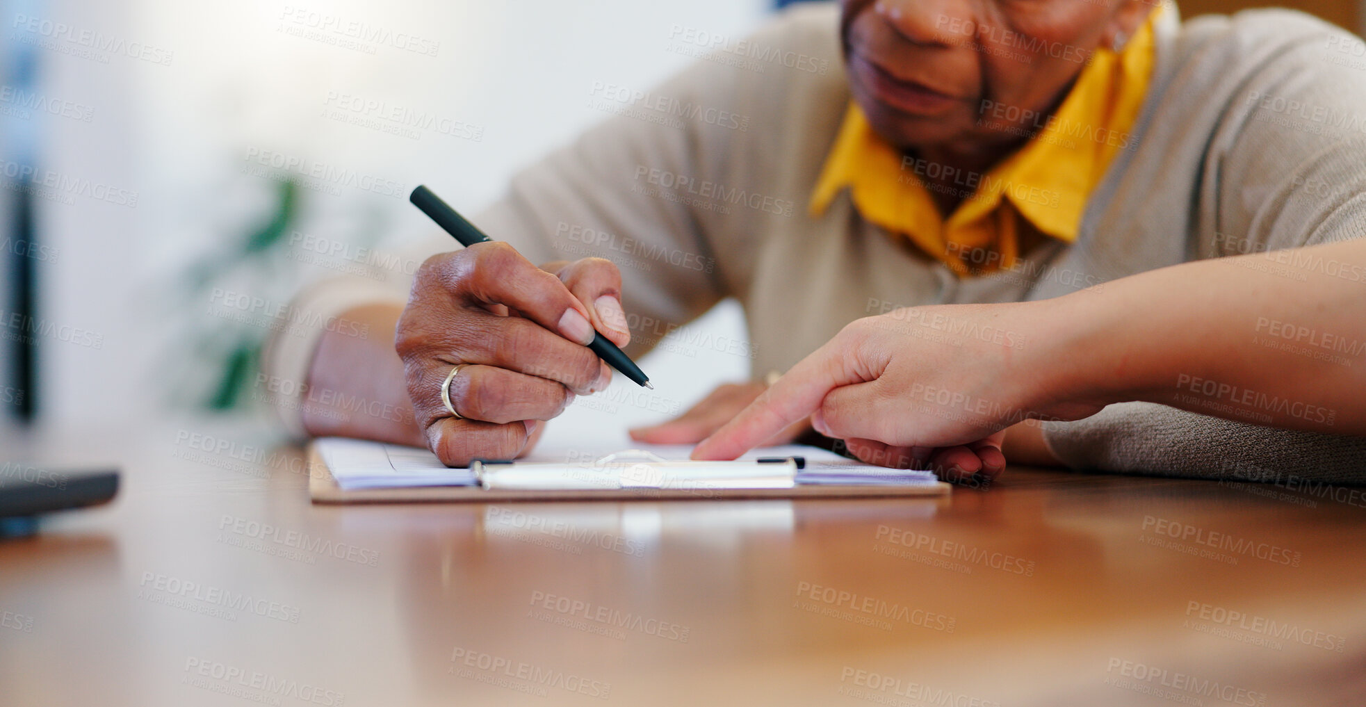 Buy stock photo Senior woman, hands and writing on contract, form or application for retirement plan or insurance at home. Closeup of elderly female person signing documents, paperwork or agreement on table at house