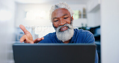 Buy stock photo Senior, black man and video call on laptop in home for voip communication, social networking and chat. Elderly guy speaking on computer for virtual conversation, online contact and digital connection