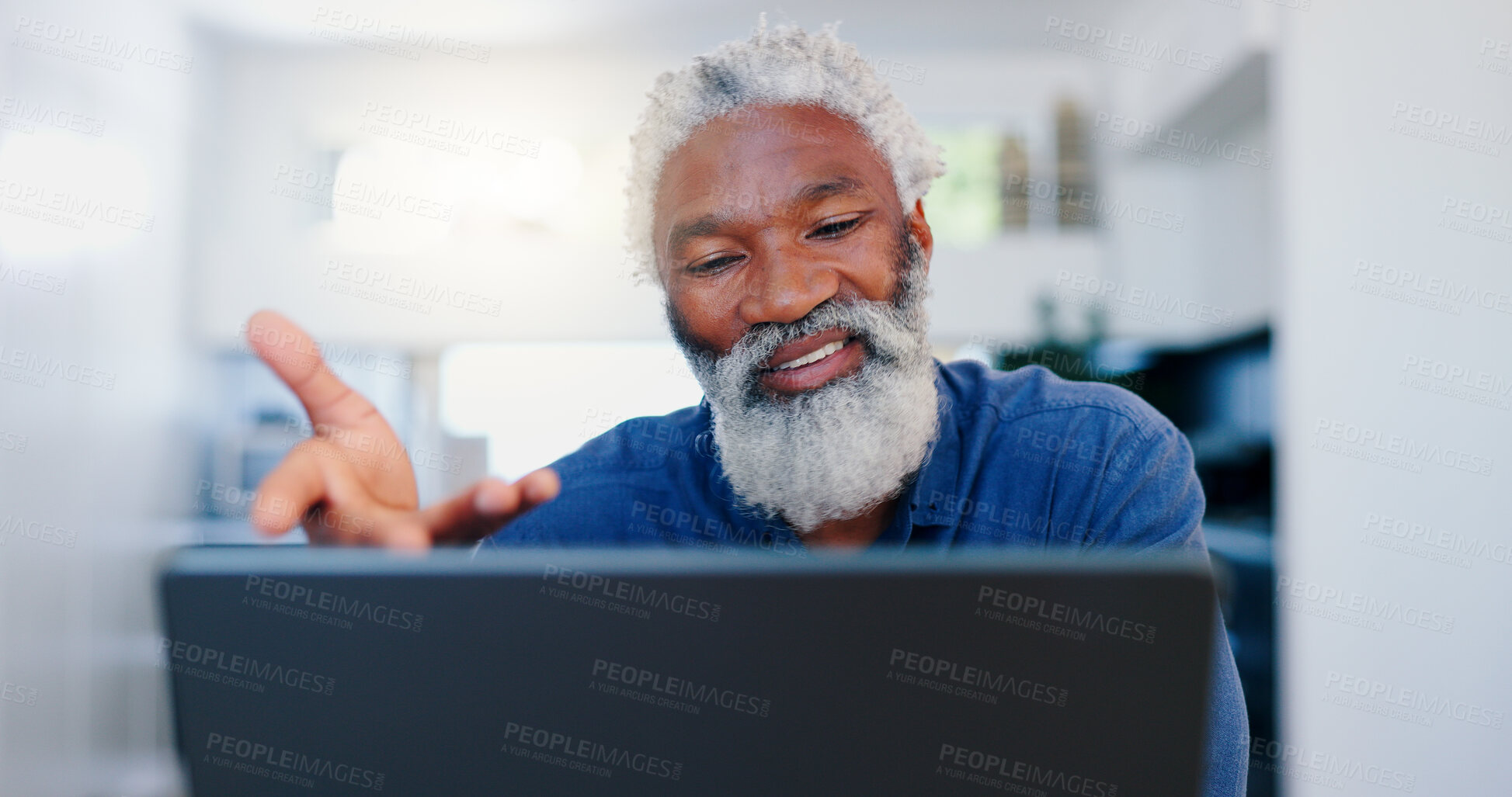 Buy stock photo Senior, black man and video call on laptop in home for voip communication, social networking and chat. Elderly guy speaking on computer for virtual conversation, online contact and digital connection