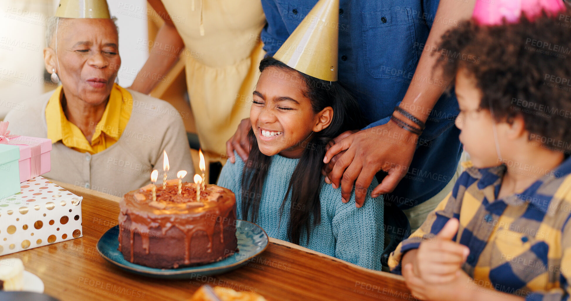 Buy stock photo Happy family, birthday and cake in celebration for party, holiday or special day together at home. Excited little girl or child smile in growth, love or care for event, bonding and wish with candles