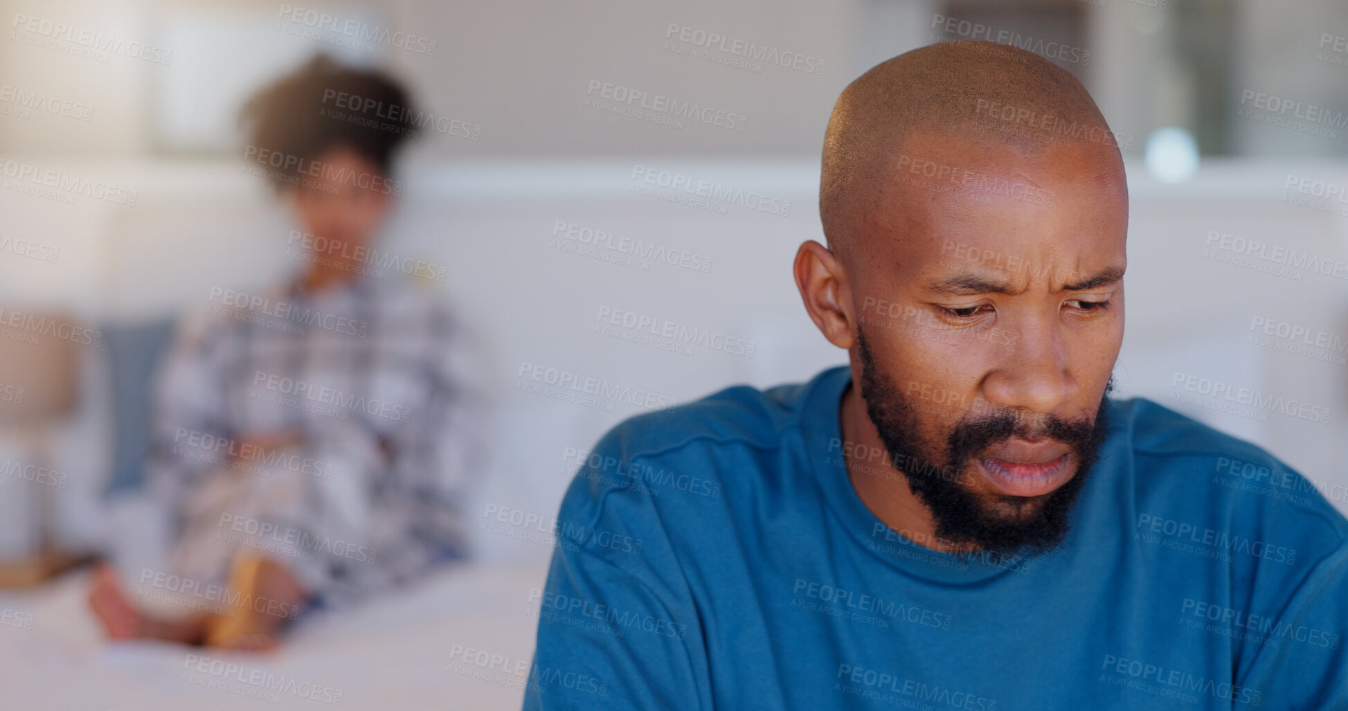 Buy stock photo Frustrated couple, bed and ignore in breakup, argument or disagreement for divorce, fight or conflict at home. Man and woman in cheating affair, toxic relationship or mistake for drama in bedroom