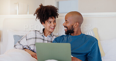 Buy stock photo Home, bed and black couple with a laptop, love or smile with website for comedy, internet or streaming a movie. Bedroom, apartment or man with woman, connection or film with romance, happy or bonding