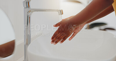 Buy stock photo Child, tap and washing hands in water for hygiene, cleaning or bacteria or germ removal in sink at home. Closeup of kid rinsing soap in bathroom basin for disinfection, care or cleanliness at house