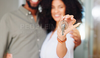 Buy stock photo Couple, hand and keys at front door, new home and portrait with pride, care and bonding. African woman, man and happy together with embrace, love and investment with property, real estate or house