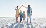 Smile, high five or insurance with a family on the beach together for security, travel or vacation. Sunglasses, safety or cover with a mom, dad and children on the sand by the ocean or sea for trust