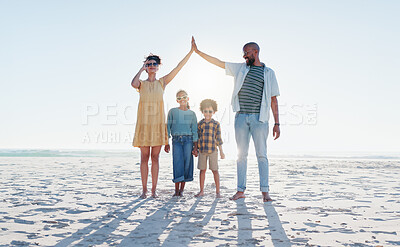 Buy stock photo Insurance, hands and a family on the beach for protection, security or travel together. Sunglasses, safety or mockup with a mom, dad and children on the sand by the ocean or sea for love and trust