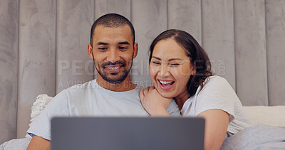 Buy stock photo Laptop, happy and young couple in bed watching movie, film or show together at home. Smile, technology and man and woman relaxing in bedroom streaming a video on computer for bonding at modern house.