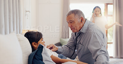 Buy stock photo Senior, man and girl child with stethoscope in bedroom of home for healthcare, wellness and examination. Elderly, doctor and kid for pediatrician, patient and sick on bed in house with consultation