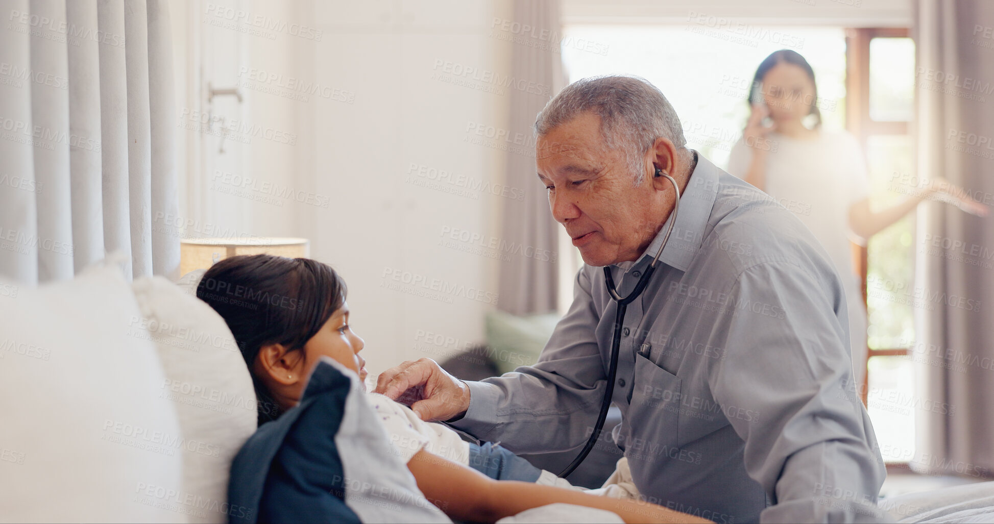 Buy stock photo Senior, man and girl child with stethoscope in bedroom of home for healthcare, wellness and examination. Elderly, doctor and kid for pediatrician, patient and sick on bed in house with consultation