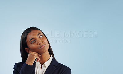 Buy stock photo Thinking, solution or businesswoman in studio for problem solving or space on blue background. Ideas, doubt or decision with an attorney or lawyer contemplating a thought, choice or legal option