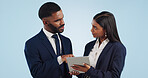 Collaboration, tablet and a professional business team in studio on a blue background for problem solving. Technology, data or feedback with a corporate man and woman talking about information