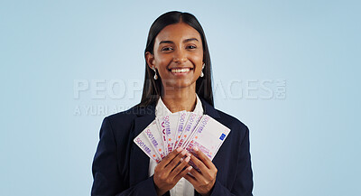 Buy stock photo Business woman, portrait and money fan in financial freedom against a blue studio background. Happy face of female person or employee with cash, savings or investment for bonus salary on mockup space