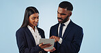 Collaboration, tablet and a corporate business team in studio on a blue background for problem solving. Technology, data or feedback with a professional man and woman talking about information