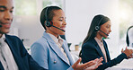 Call center, telemarketing or customer service agents consulting for crm with headset in office. Contact us, communication and consultants working on online sales and technical support in workplace.