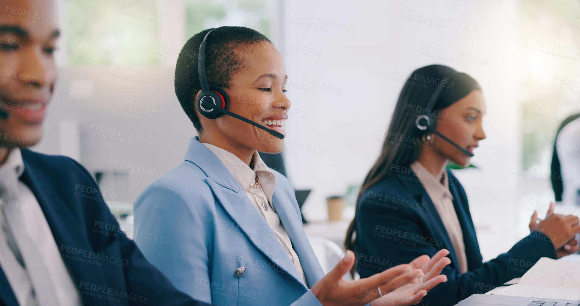 Buy stock photo Call center, telemarketing or customer service agents consulting for crm with headset in office. Contact us, communication and consultants working on online sales and technical support in workplace.