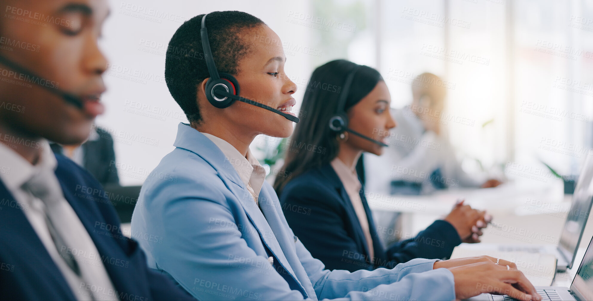 Buy stock photo Business people, telemarketing and customer service with conversation, black woman or tech support. Staff, group or professional with headphones, office or internet with crm, call center or help desk