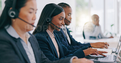 Buy stock photo Call center, customer service and an indian woman with a headset in her office for help or assistance. Customer support, contact us or question with a young employee working on a laptop at her desk