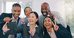 Goofy, selfie and happy business people in office for team building or bonding together. Silly, diversity and group of professional work friends taking a picture with funny face at modern workplace.