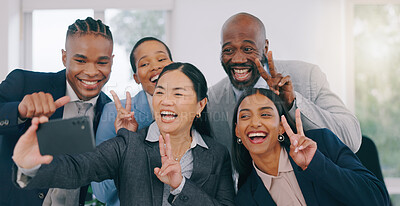 Buy stock photo Goofy, selfie and happy business people in office for team building or bonding together. Silly, diversity and group of professional work friends taking a picture with funny face at modern workplace.