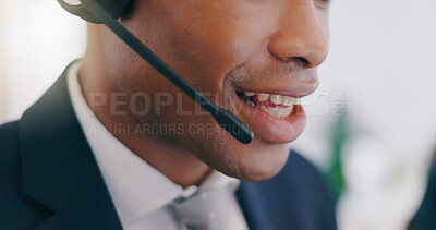 Buy stock photo Call center, closeup and man consulting for faq, crm or about us in office with customer support or help. Telemarketing, microphone and male lead generation consultant with friendly service or advice