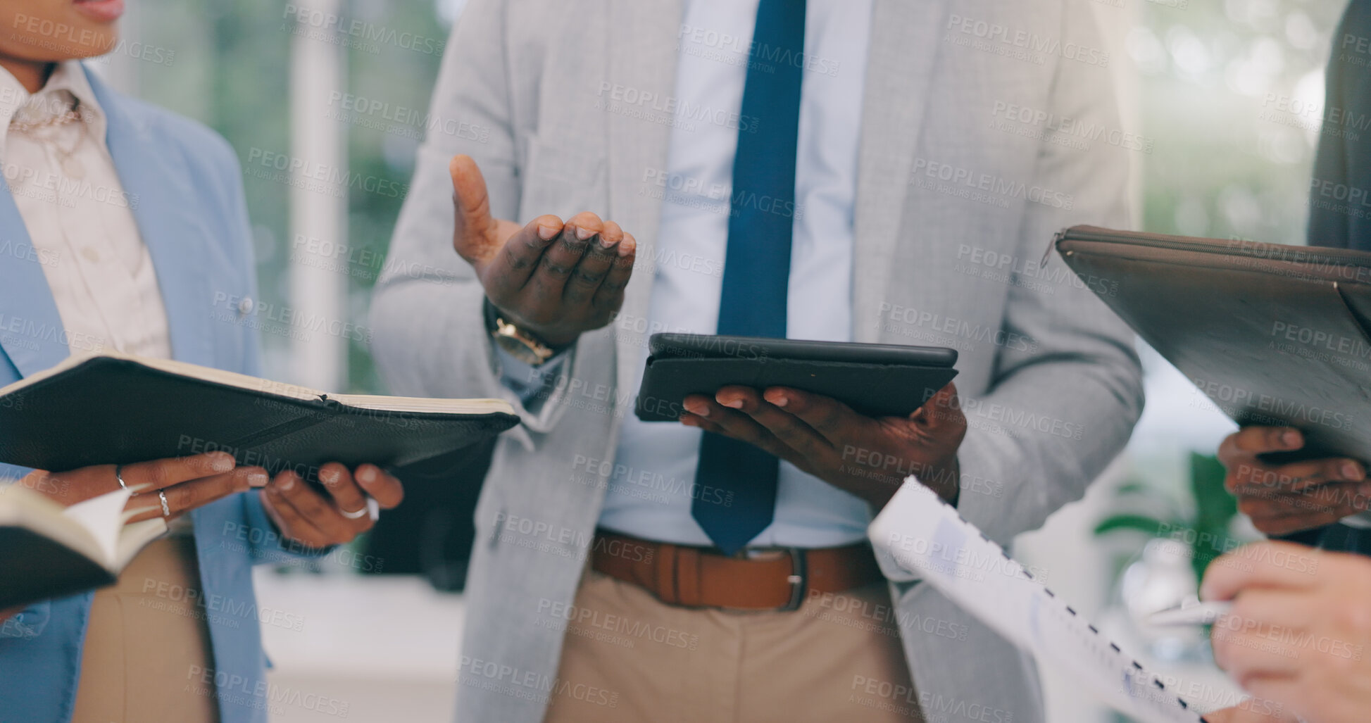 Buy stock photo Closeup, hands and business people with teamwork, tablet and technology with circle, notebook and coaching. Staff, group and employees with mentor, documents and digital app with workshop and ideas