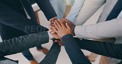 Buy stock photo Hands together, closeup or business people with teamwork, support or solidarity. Team building, huddle or worker group with motivation, partnership or trust, training or goal agreement celebration