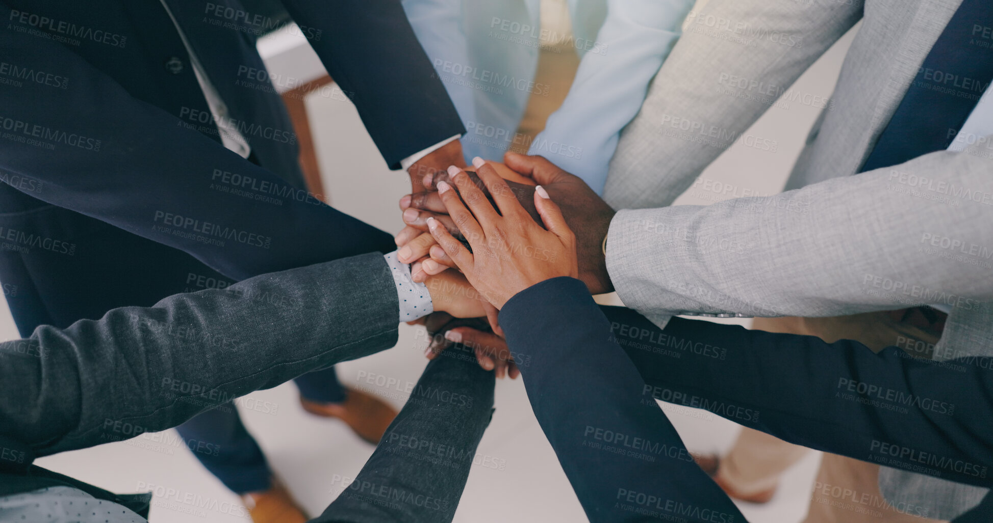 Buy stock photo Hands together, closeup or business people with teamwork, support or solidarity. Team building, huddle or worker group with motivation, partnership or trust, training or goal agreement celebration