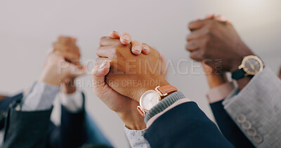 Buy stock photo Business people, holding hands and group with support, teamwork and partnership with b2b deal. Staff, employees and coworkers with trust, about us and collaboration with cooperation and professional