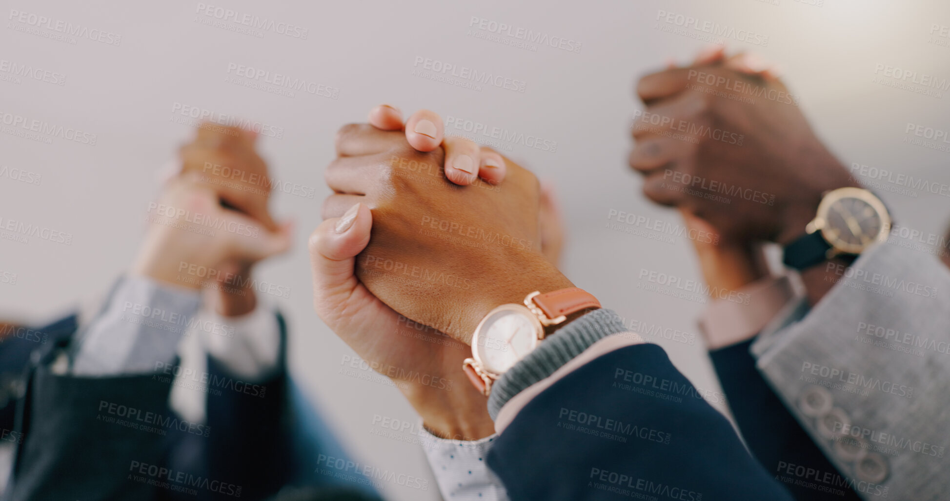 Buy stock photo Business people, holding hands and group with support, teamwork and partnership with b2b deal. Staff, employees and coworkers with trust, about us and collaboration with cooperation and professional