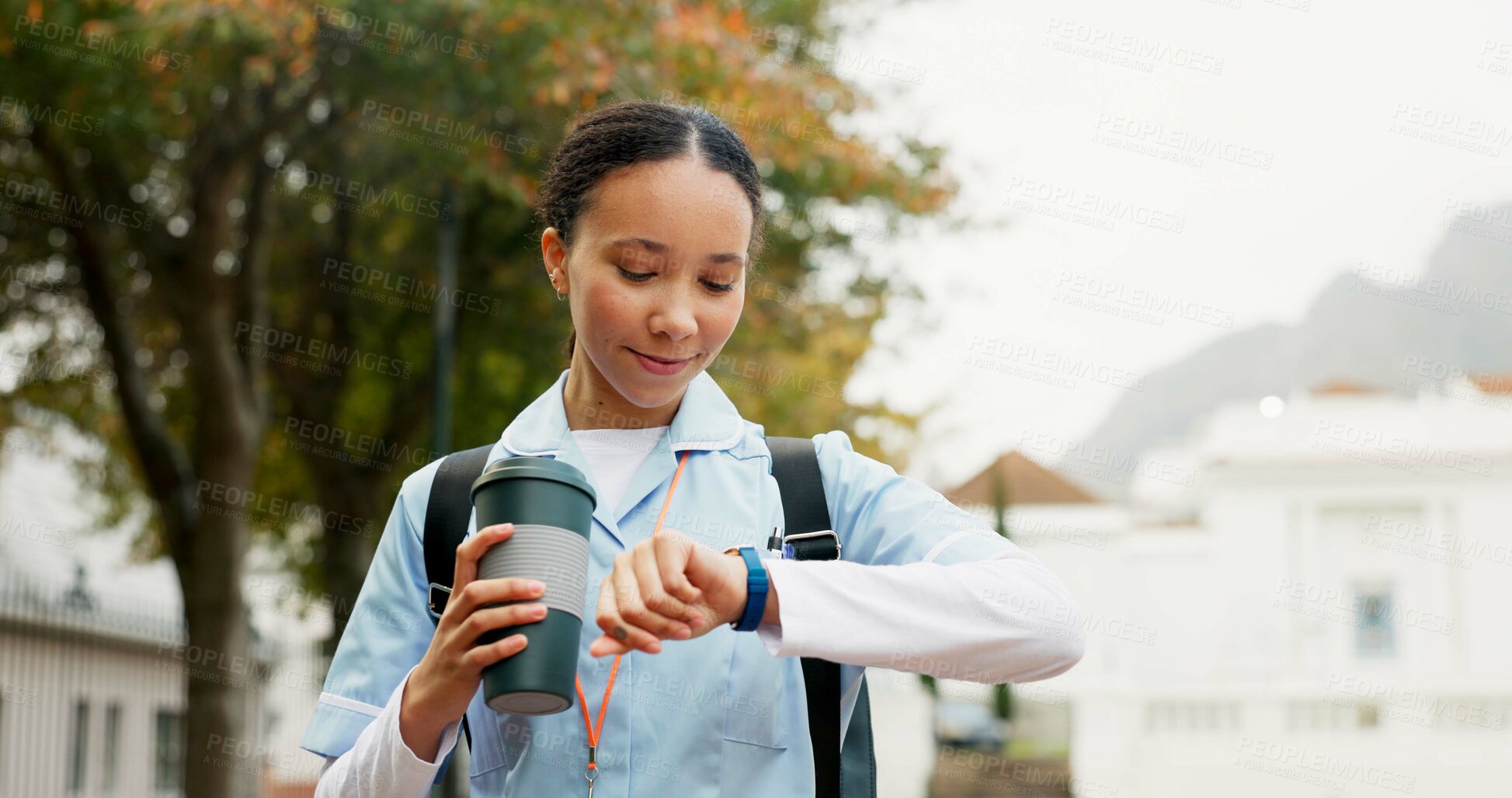 Buy stock photo Nurse woman, watch and time outdoor for thinking, vision or ideas for healthcare career in Cape Town. Young doctor, park and nature for walk, coffee cup and mindset on path, wellness or late for work