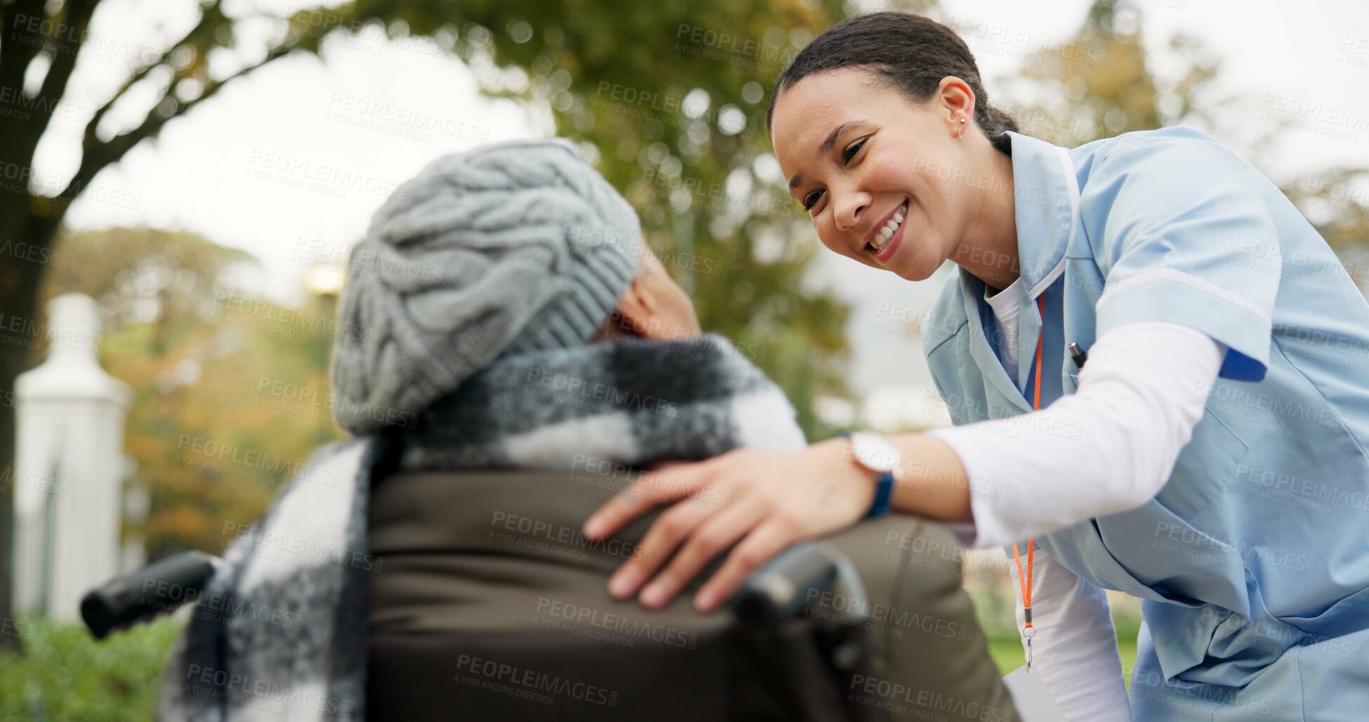 Buy stock photo Nurse, support and park with old woman in a wheelchair for retirement, elderly care and physical therapy. Trust, medical and healthcare with senior patient and caregiver in nature for rehabilitation