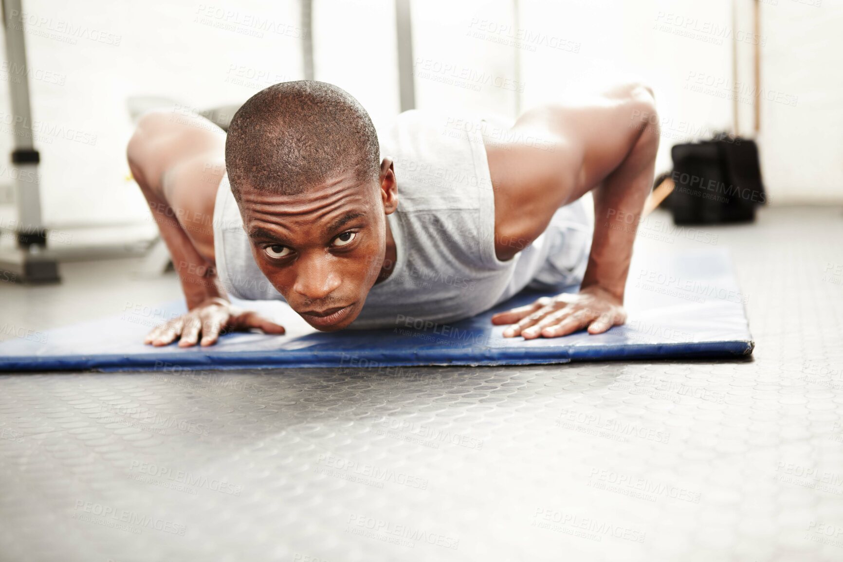 Buy stock photo Black man, gym and push up at a wellness club with exercise, fitness and workout with strength. Power, floor and African male athlete with training strong arms on the ground for health and sport