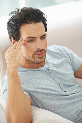 Buy stock photo Man, hand and headache in morning home for hungover mistake, fatigue fail or migraine problem. Male person, vertigo or brain fog tired risk from stress overworked or unhappy, thoughts or pain temple