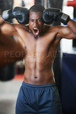 Buy stock photo Boxing, gloves and portrait of black man shouting in gym with fitness, power and training challenge. Strong body, muscle and boxer in club, athlete with motivation and confidence in competition fight
