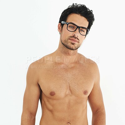 Buy stock photo Sexy body, man with tattoo, glasses and beard or fit, muscular or healthy and shirtless beauty, fashion or style. Portrait of male model, topless for with confidence and wellness on white background