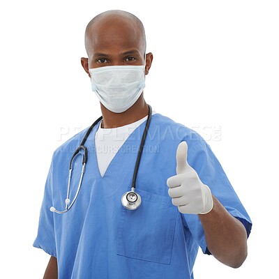 Buy stock photo A doctor showing a thumbs up while isolated on white