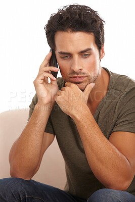 Buy stock photo Phone call, communication and thinking with man on sofa for contact, networking and social media. Conversation, technology and connection with person in living room at home for mobile and online 