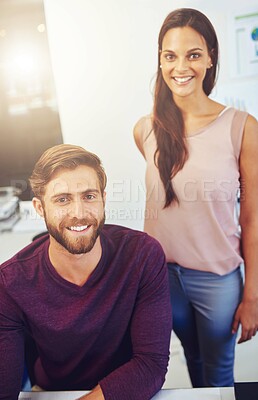 Buy stock photo Cropped portrait of two young architects in their office