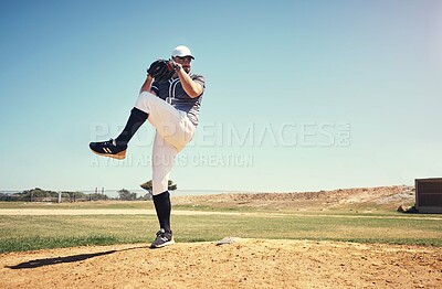 Buy stock photo Pitch, sports and baseball with man on field for competition, training and games. Action, exercise and championship with male athlete throwing in stadium park for fitness, performance and club