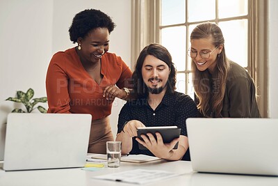 Buy stock photo Innovation, motivation and planning online while diverse team talk strategy and vision motivation for startup. Creative colleagues has meeting for ideas for growth while doing marketing research 
