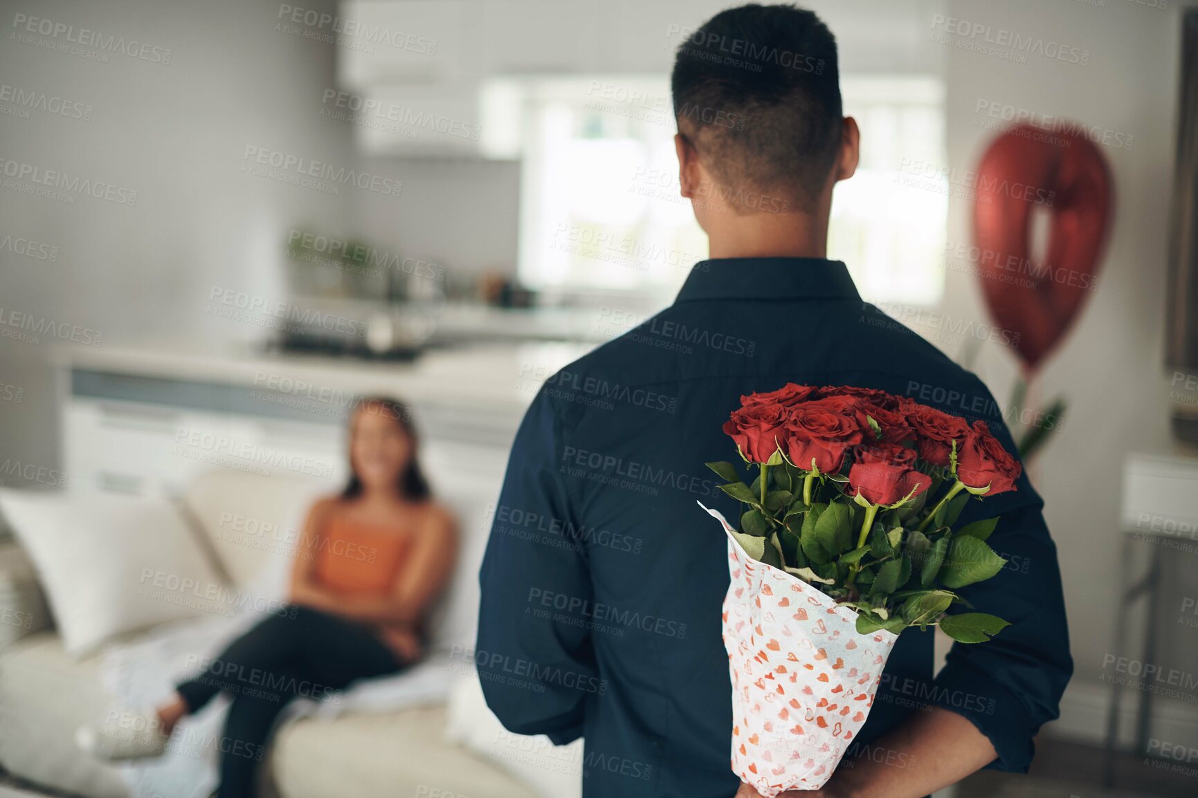Buy stock photo Man, hands and red roses for valentines day surprise, gift or present to celebrate date behind back at home. Hand of male with bouquet of flowers in celebration anniversary for special month of love
