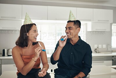 Buy stock photo Birthday, celebration and party by couple in a home, house or apartment together smile, happiness and happy. People, man and woman celebrate on holiday as surprise event for boyfriend and girlfriend