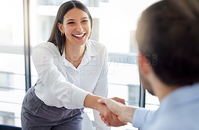 Buy stock photo Female professional, welcome and shaking hands during a meeting at a company for collaboration. Business, woman and introduction at the office have a deal or an agreement for working with employer.