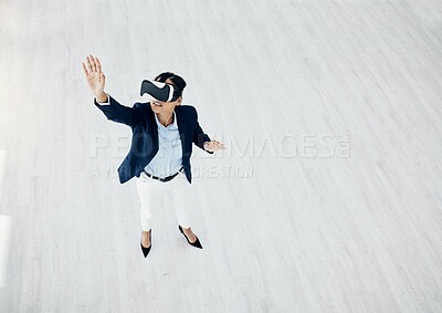 Buy stock photo Business woman, vr headset and cyber game with professional in office with innovation and mockup. Virtual reality glasses, female employee and above view with ai, 3d and future platform with testing