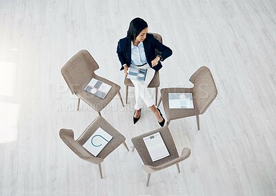 Buy stock photo Business woman, watch and empty meeting in waiting room above for team gathering at the office. Top view of female person or employee looking at wristwatch in schedule planning, time or appointment