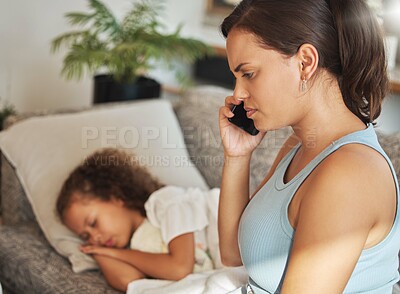 Buy stock photo Mother on a phone call about her sick child, looking for medical advice. Ill and unhappy girl with flu and fever while parent mom is talking about online healthcare insurance at home