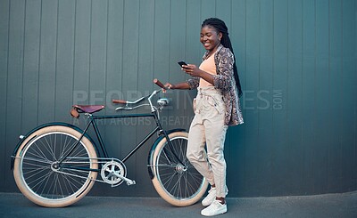 Buy stock photo Girl, relax with bicycle and using smartphone app, social media and doing a internet or web search. Student uses her bike for health, fun workout or travel by cycling to school, university or college