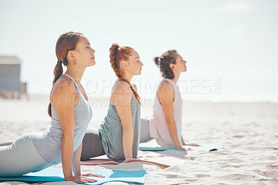 Buy stock photo Team yoga on beach, relax meditation in nature and zen during pilates class at the sea, collaboration training for wellness at sea and spiritual workout in summer. Women doing sports ocean exercise