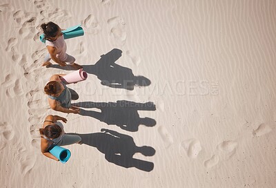 Buy stock photo Exercise, yoga and training in nature with women friends exercising at beach from above. Active, athletic group prepare for health lesson on sand mockup, practice balance and cardio or energy workout