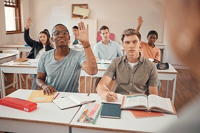 Buy stock photo Classroom, knowledge question and students hands with exam learning problem, education fail or language teacher assessment. Hand sign, school and youth or teenager group in teaching course for a test